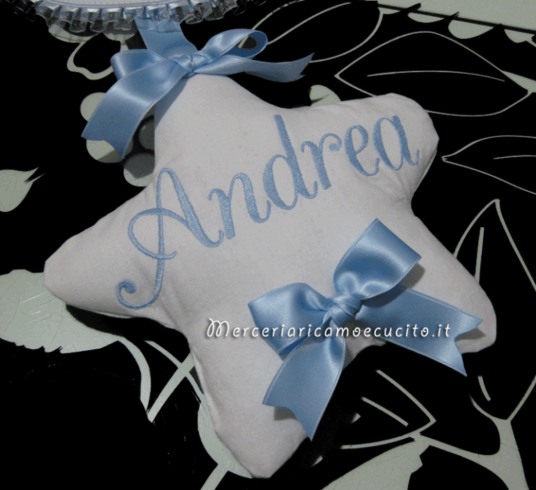 Fiocco nascita celeste sacco con orsetto E' nato per Andrea e biberon porta bomboniere