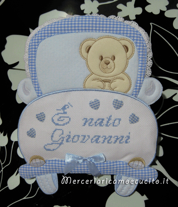 Fiocco nascita macchina celeste e beauty con orso per Giovanni