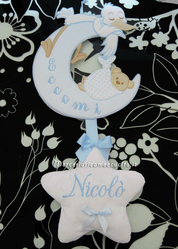 Fiocco nascita luna celeste "Eccomi" per Nicolò