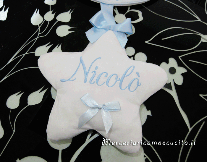 Fiocco nascita luna celeste "Eccomi" per Nicolò