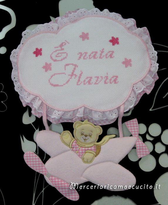 Fiocco nascita aeroplano rosa "È nata Flavia"