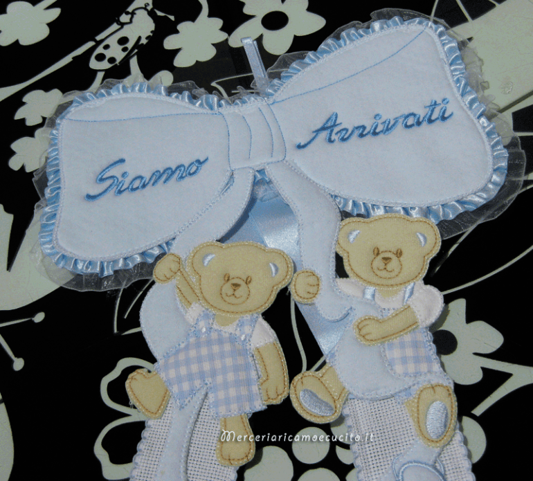 Fiocco nascita celeste "siamo arrivati" per i gemelli "Lorenzo" e "Federico"