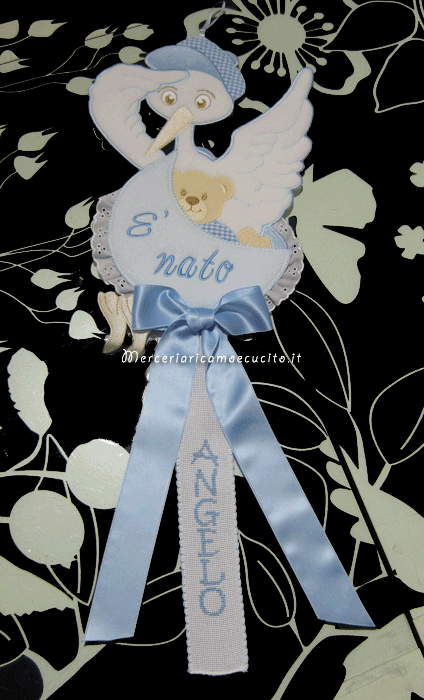 Fiocco nascita cicogna celeste "È nato" e fiocco nascita cuore celeste per Angelo