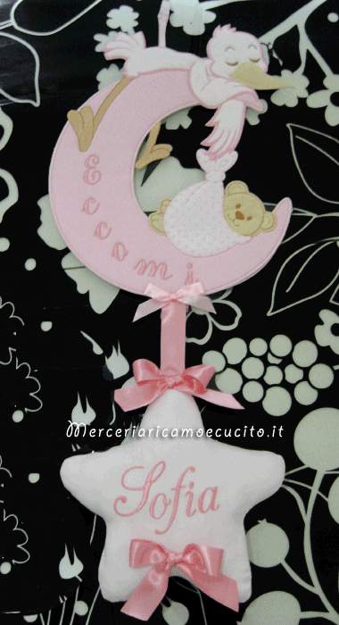 Fiocchi nascita luna con cicogna, orsetto su nuvola e sacco rosa per Sofia