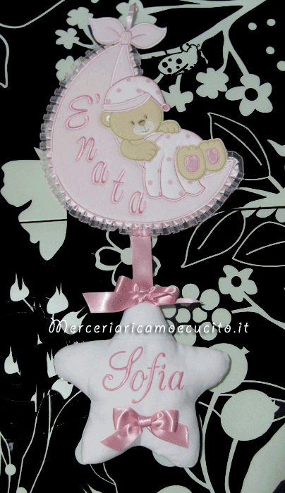 Fiocchi nascita luna con cicogna, orsetto su nuvola e sacco rosa per Sofia