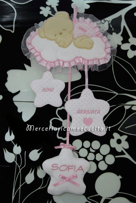 Fiocchi nascita luna con cicogna, orsetto su nuvola e sacco rosa per Sofia