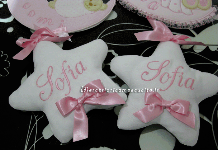 Fiocchi nascita luna con cicogna, orsetto su nuvola e sacco rosa per Sofia