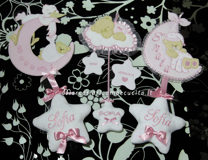 Fiocchi nascita luna con cicogna, orsetto su nuvola e sacco rosa per Sofia