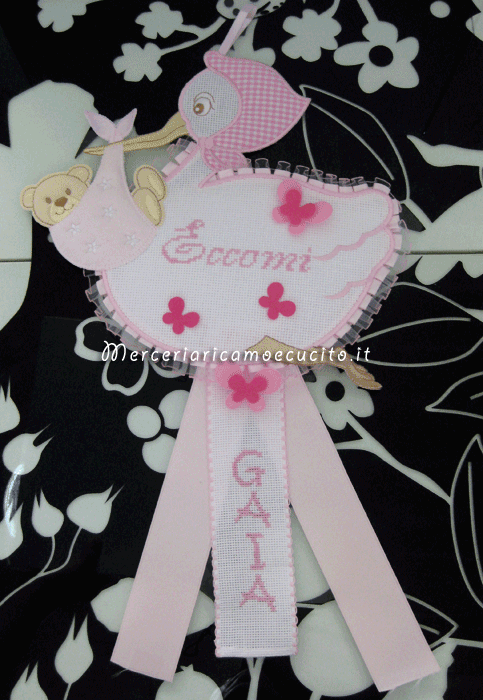 Fiocco nascita orsetto con cuore e cicogna per Gaia