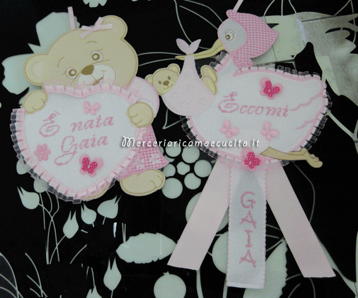 Fiocco nascita orsetto con cuore e cicogna per Gaia