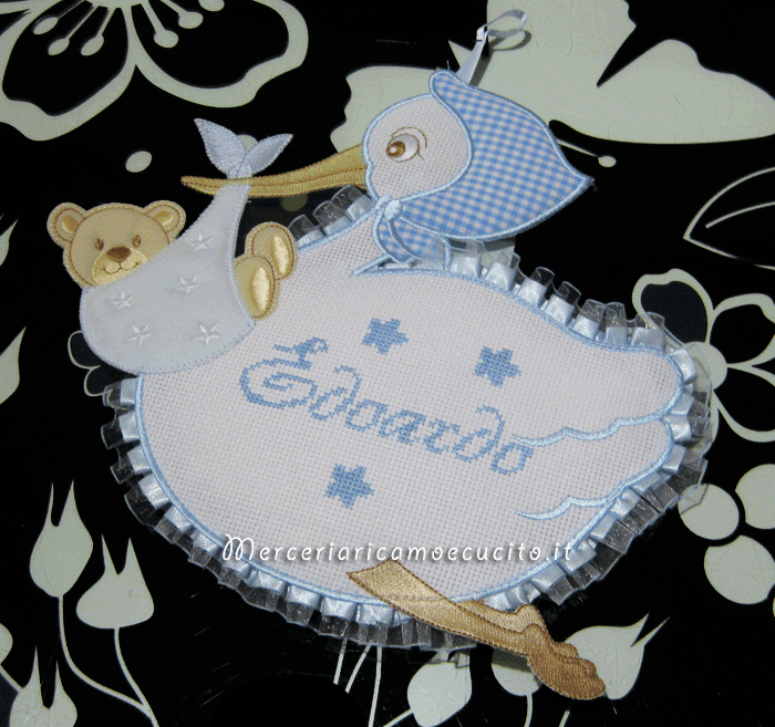 Set corredino per nascita – Sacchetto nascita, bavette, fiocco nascita cicogna e portaciuccio per Edoardo