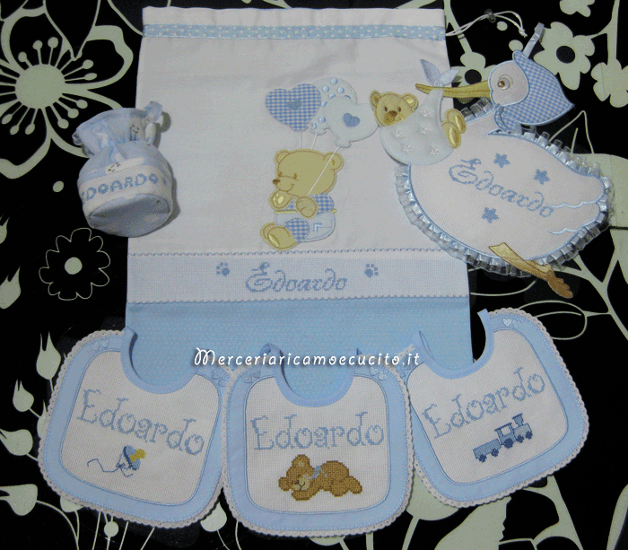 Set corredino per nascita – Sacchetto nascita, bavette, fiocco nascita cicogna e portaciuccio per Edoardo