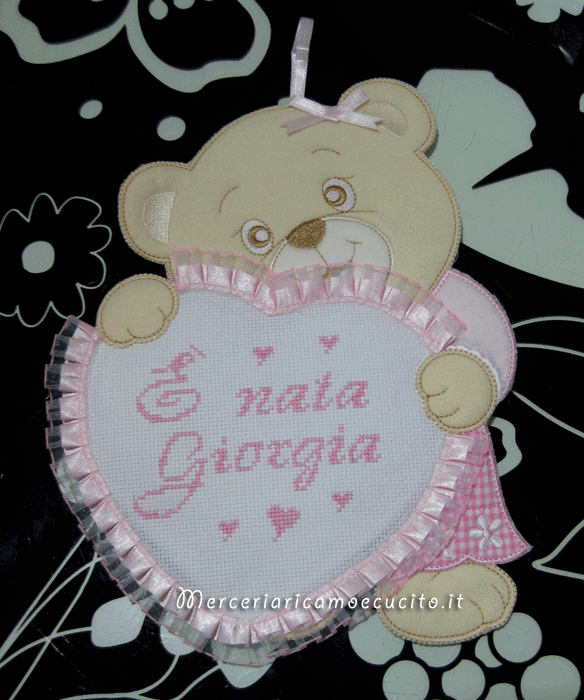 Set per nascita - Lenzuolino, sacchetti nascita e fiocco nascita orsetto con cuore per Giorgia