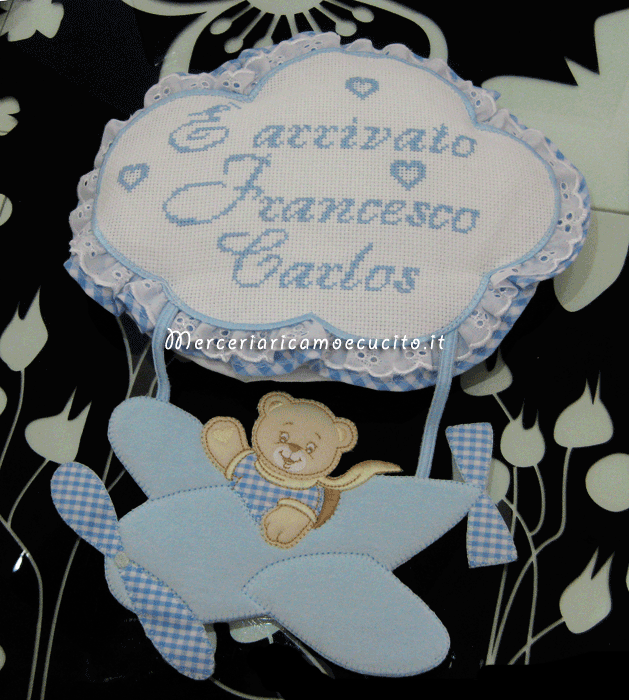 Fiocco nascita aeroplano celeste "È nato Francesco Carlos"