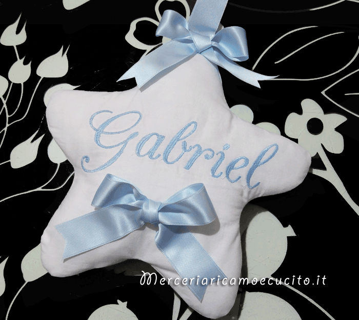 Fiocco nascita celeste sacco con orsetto "E' nato" per Gabriel