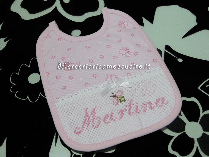 Fiocco nascita cicogna, fiocco stellina e bavetta con apine per Martina