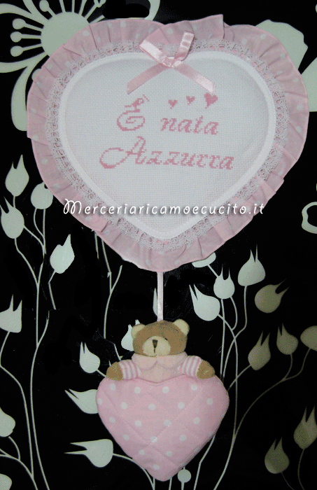 Fiocco nascita cuore pois con orsetto "È nata Azzurra"