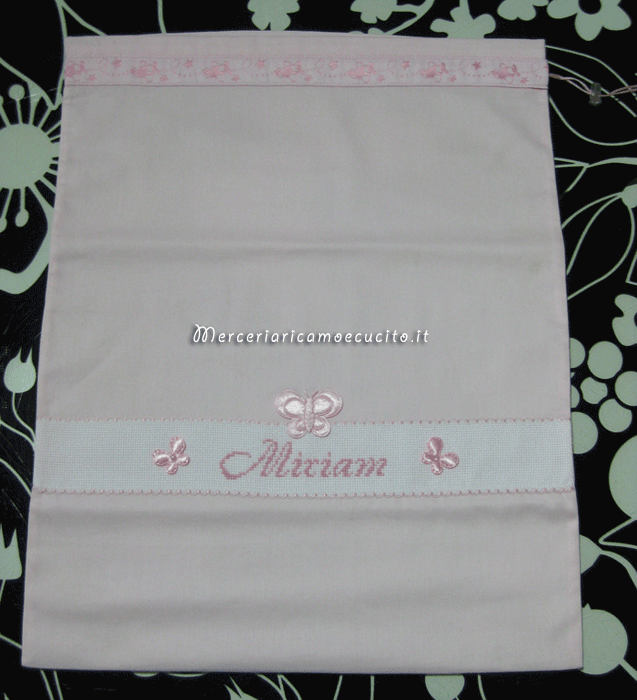 Sacchetto nascita e asilo con farfalla per Miriam