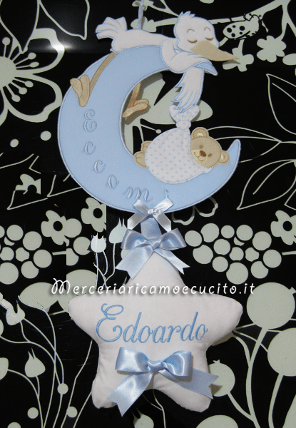 Fiocco nascita luna con cicogna eccomi per Edoardo e fiocco nascita cuore pois per Alessandro