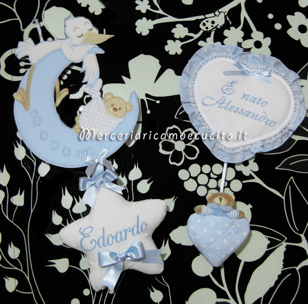 Fiocco nascita luna con cicogna eccomi per Edoardo e fiocco nascita cuore pois per Alessandro