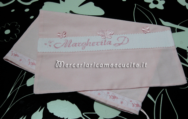 Fiocco nascita palloncino rosa e sacchetto nascita e asilo con farfalla per Margherita