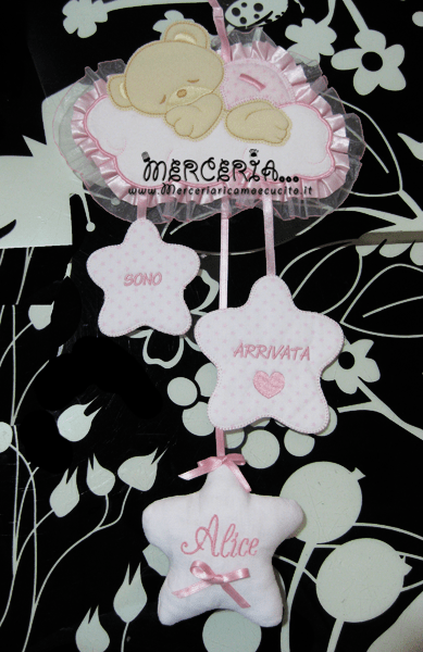 Fiocco nascita rosa orso su nuvola Sono arrivata per Alice