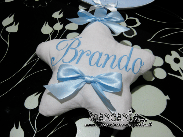 Fiocco nascita luna celeste “Eccomi” con cicogna e stella per Brando