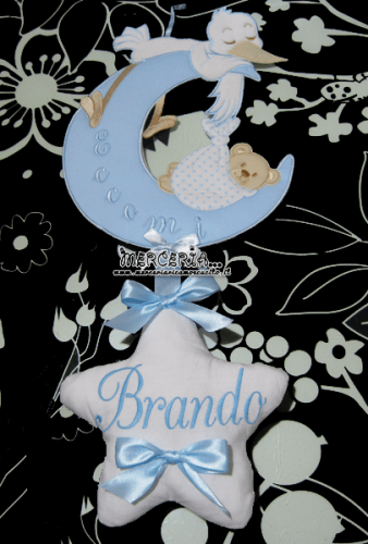 Fiocco nascita luna celeste “Eccomi” con cicogna e stella per Brando