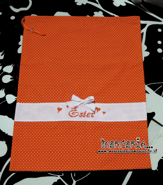 Sacchetto e sacchettino nascita asilo arancione con pois per Ester