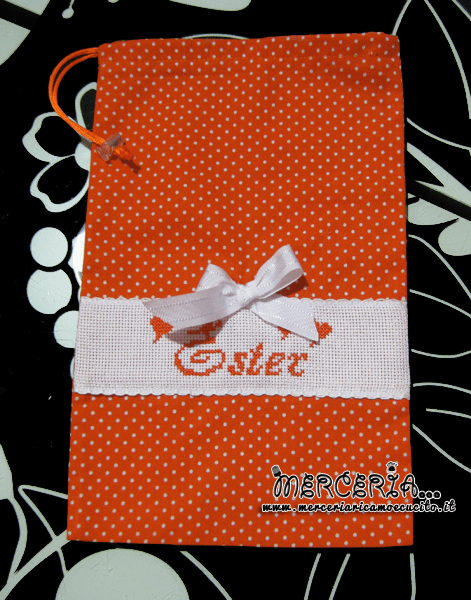 Sacchetto e sacchettino nascita asilo arancione con pois per Ester