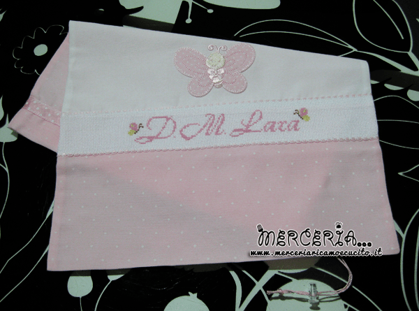 Sacchhetto nascita asilo bicolore rosa pois con farfalla per "Lara"