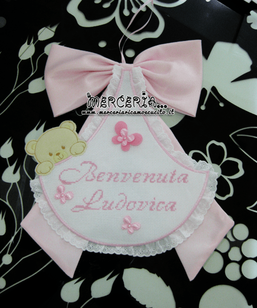 Fiocchi nascita carrozzina, sacco e cicogna per Ludovica