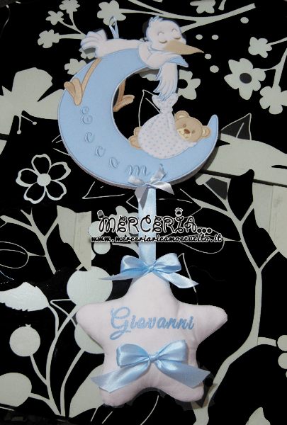 Fiocco nascita luna celeste “Eccomi” con cicogna e stella per Giovanni