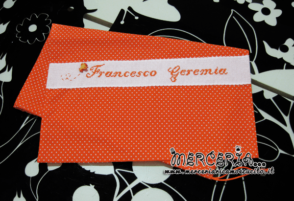 Sacchetto e sacchettino nascita asilo arancione con pois per Francesco Geremia