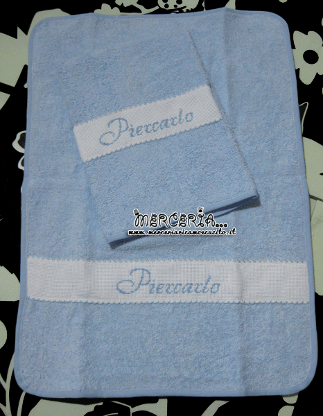 Ser asilo - Sacchetto, bavaglini pappa, bustine, asciugamani e bordure lenzuolini per Piercarlo