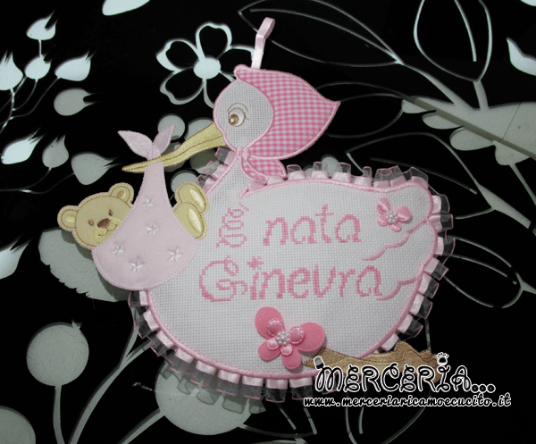 Fiocco nascita cicogna rosa "È nata Ginevra"
