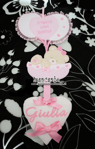 Fiocco nascita con palloncini "È nata una bimba" con cestino e cuore per Giulia