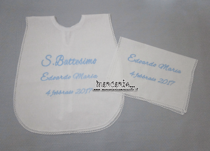 Camicina bavaglino e asciugamano per battesimo in cotone per Edoardo Maria