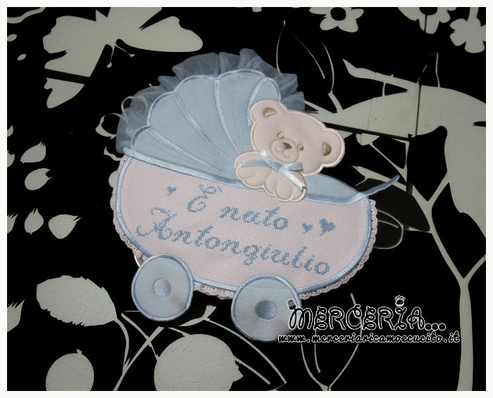 Fiocchi nascita macchina e carrozzina celeste per Antongiulio