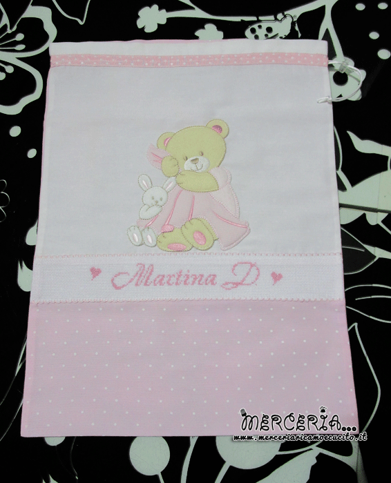 Fiocco nascita aeroplano rosa e sacchetti nascita e asilo con orsetto per Martina