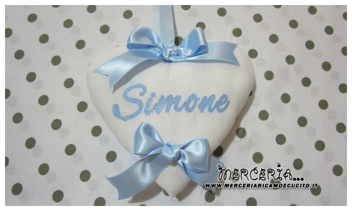 Fiocco nascita luna con cicogna celeste "Eccomi" e cuore per Simone