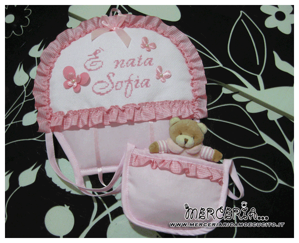 Fiocco nascita mongolfiera rosa, sacco farfalla e bavette prima misura per Sofia
