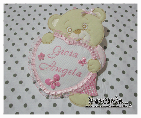 Fiocco nascita orsetto con cuore rosa per Gioia Angela