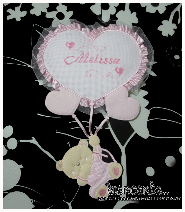 Fiocco nascita rosa con orsetto su palloncini cuore per Melissa