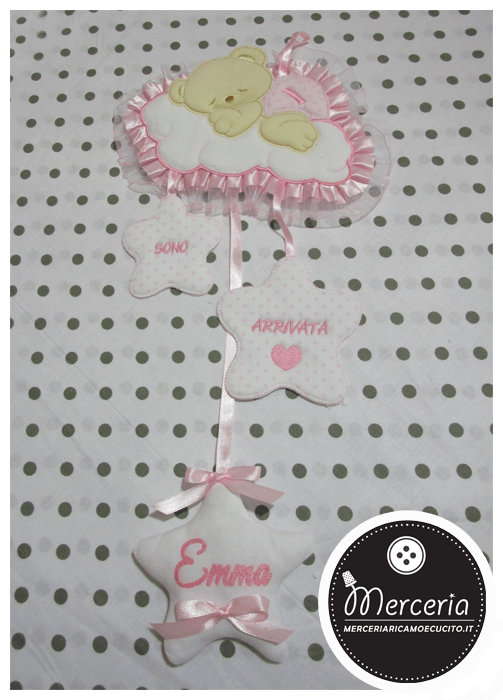 Fiocco nascita rosa orso su nuvola "Sono arrivata" per Emma