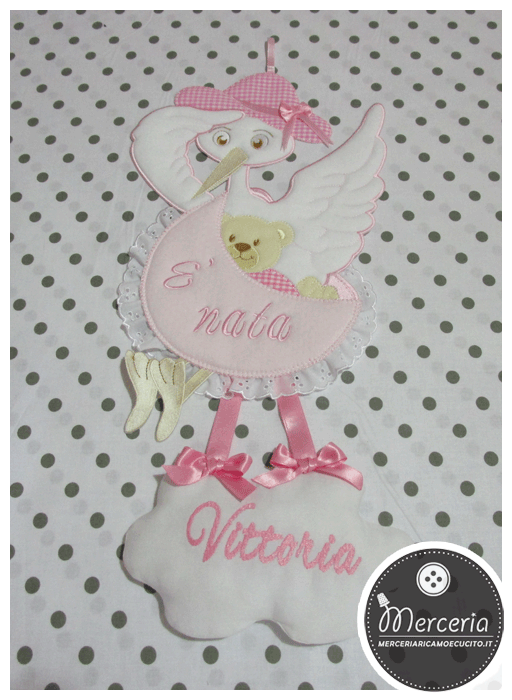 Fiocco nascita cicogna rosa "È nata" con nuvola per Vittoria