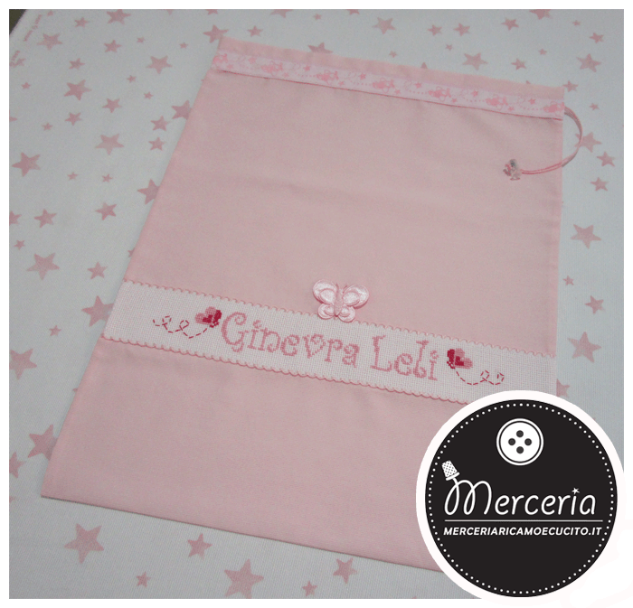 Sacchetti nascita e asilo con farfalla e bicolore con treno per Ginevra