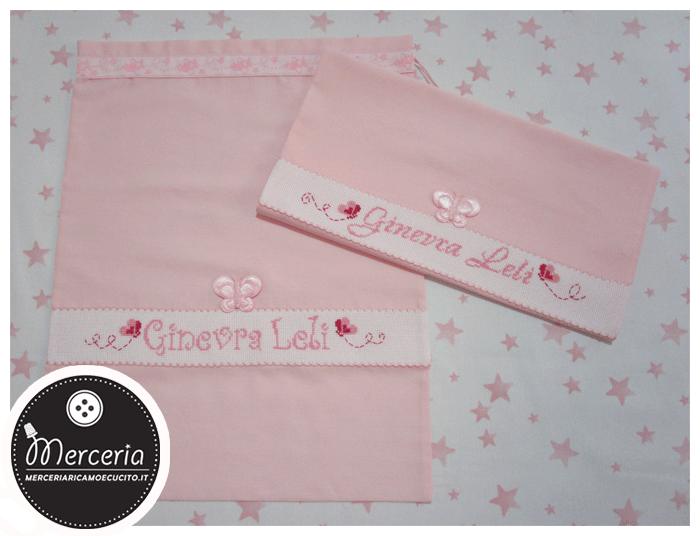 Sacchetti nascita e asilo con farfalla e bicolore con treno per Ginevra