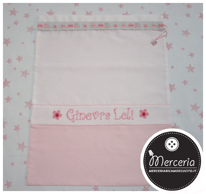 Sacchetti nascita e asilo con farfalla e bicolore con treno per Ginevra