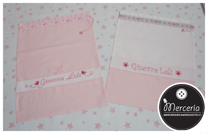 Sacchetti nascita e asilo con farfalla e bicolore con treno per Ginevra